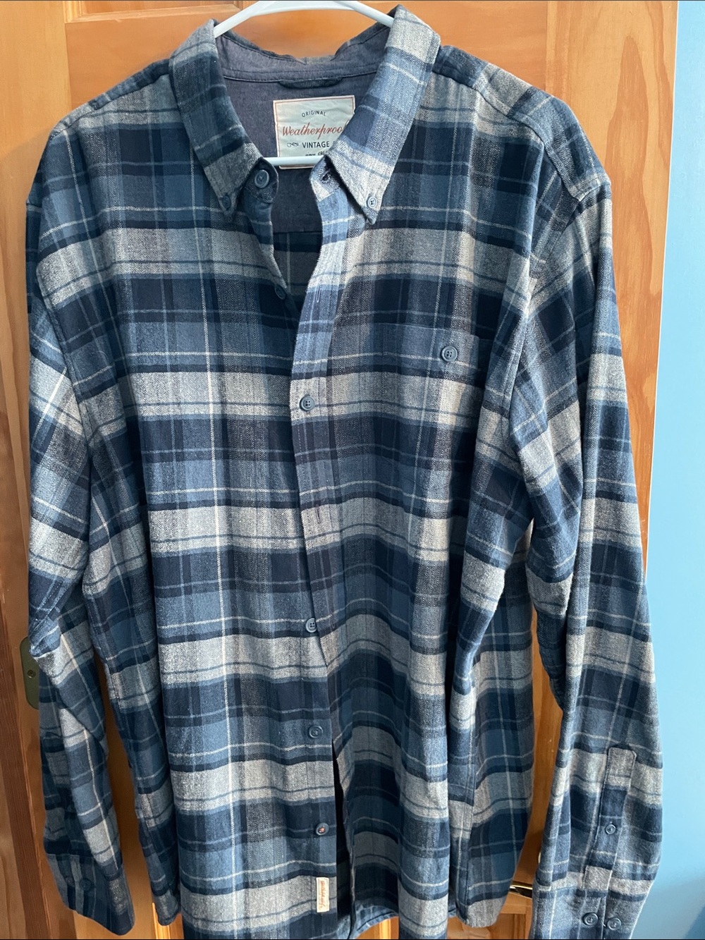 Weatherproof Men's Navy and Light Blue Plaid Flannel Button-Down Shirt